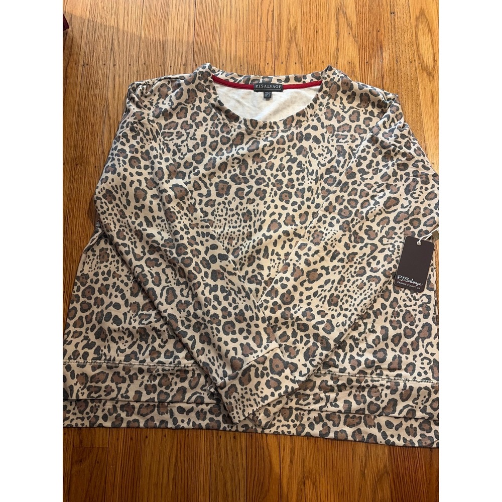 PJ Salvage Womens Leopard Print Sweatshirt French Terry Pullover Tan Brown Large